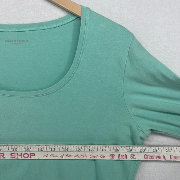 EILEEN FISHER Top L Stretch Organic Cotton Scoop Neck 3/4 Sleeve Green USA - Picture 11 of 13